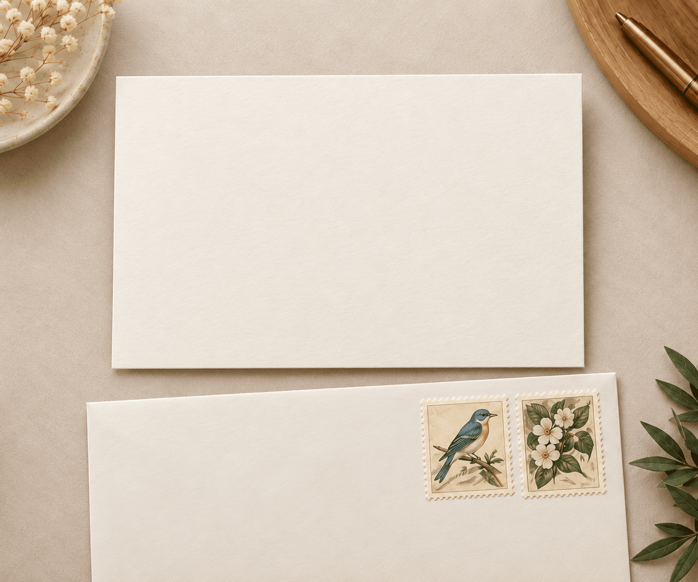 Blank note card and envelope on a desk with flowers and a pen. Stamps shown are illustrative.